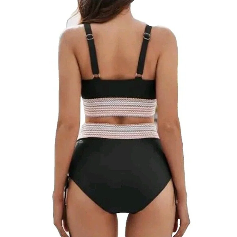 Zuvebamyo XL Black High Waisted Bikini Set Color Block Tummy Control NEW